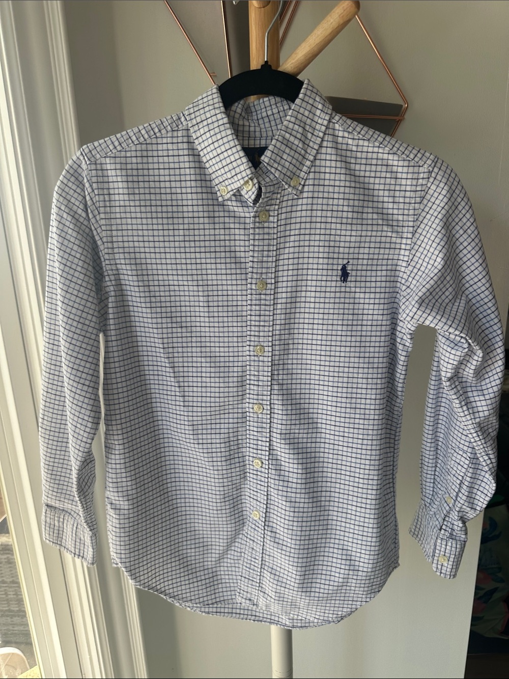 RALPH LAUREN Boys Youth Sz. 12 Button-Down Up Dress Shirt White Blue Check Plaid